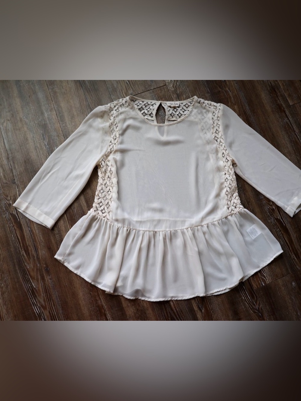 Maison Jules Ivory Lace Peplum Sheer Blouse Romantic Boho 3/4 Sleeve Womens M